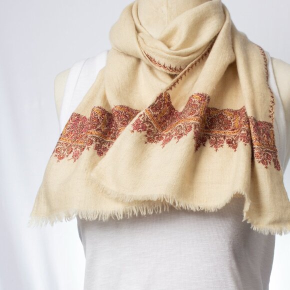 Kashmir Handwoven Embroidered Scarf | 51"x11" | Sozni Floral Needlework - Picture 8 of 9